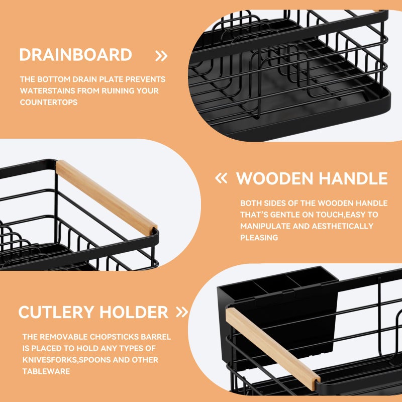 BRIAN & DANY Dish Drying Rack, Dish Racks for Kitchen Counter, Stainless Steel Dish Drainer with Removable Cutlery Holder & Drainboard, Black - Image 3